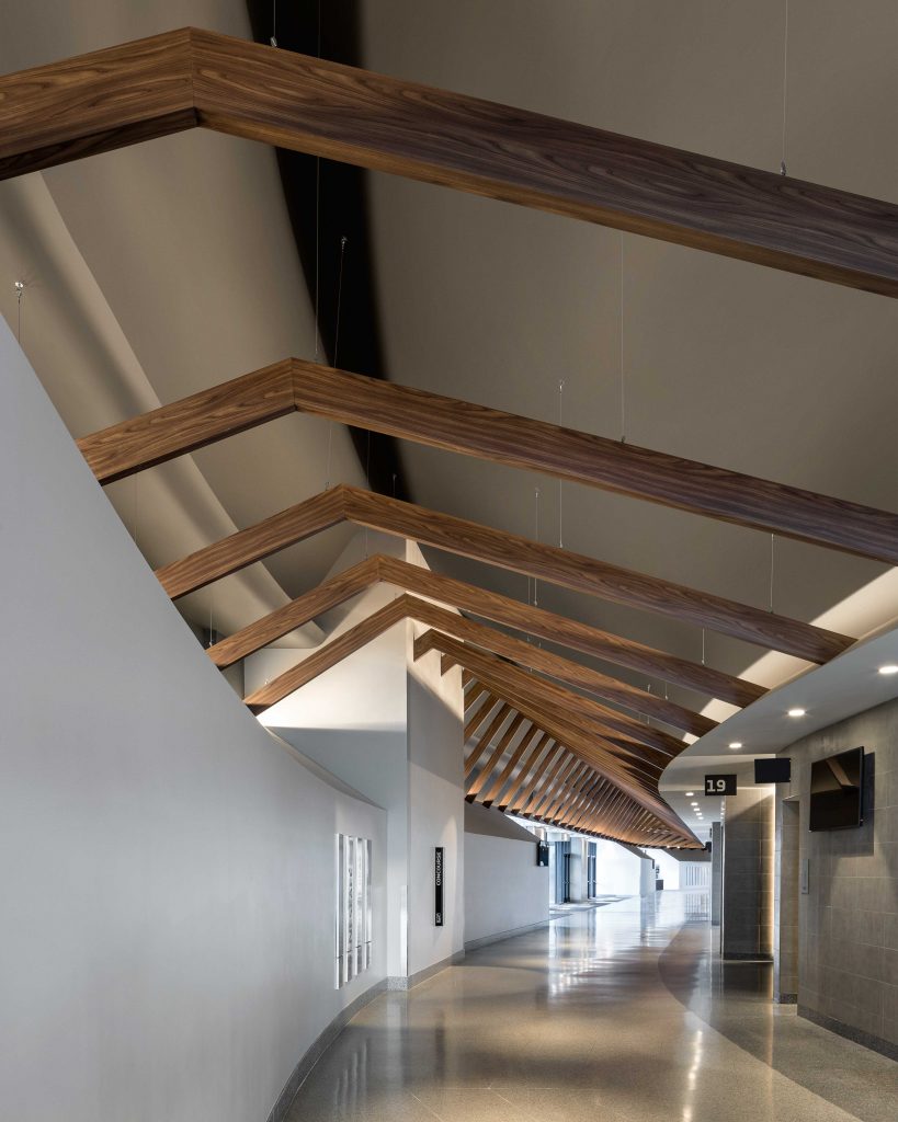 Peaked metal beams with a decorated wood look finish lead visitors through the curved concourse into the bowl.