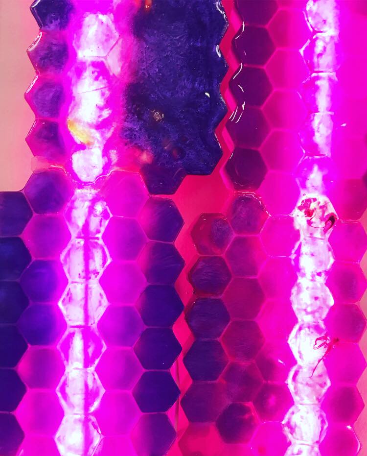 Honeycomb-shaped multi-dimensional resin tiles were backlit with neon strips to bring out incredible color.