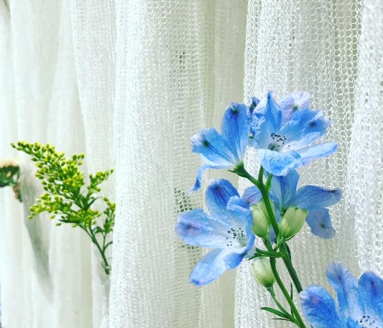 Real flowers are tucked into slight pockets on hanging, washable fabric which uses thread made from paper.
